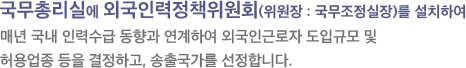 국무총리실에 외국인력정책위원회(위원장:국무조정실장)를 설치하여 매년 국내 인력수급 동향과 연계하여 외국인근로자 도입규모 및 허용업종 등을 결정하고, 송출국가를 선정합니다.